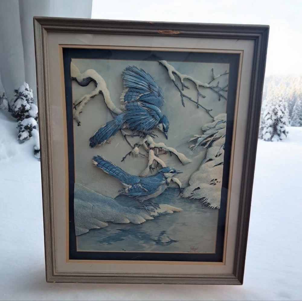 Vintage Basil Ede Blue Jays In Winter 3D 1968 Hanging Wall Art
